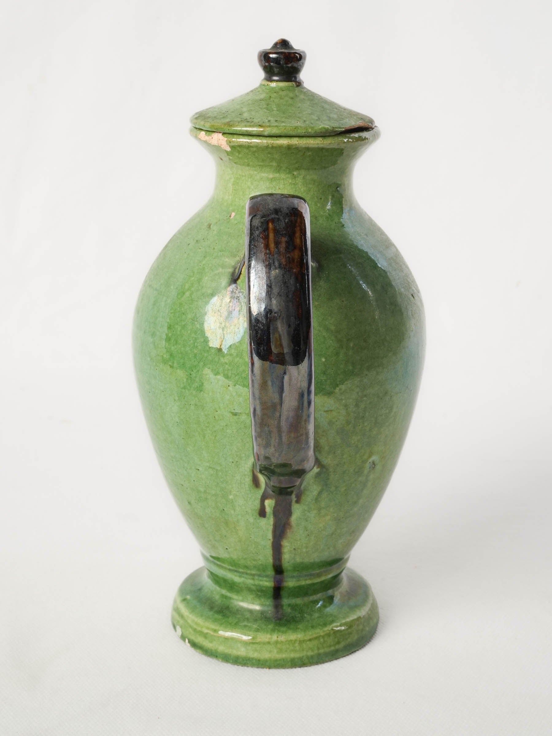 Antique French Green-Glazed Earthenware Coffee Pot, early 20th Century - 10¼"