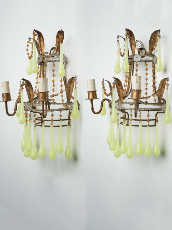 Antique French sconces w/ citron teardrops 15¾"