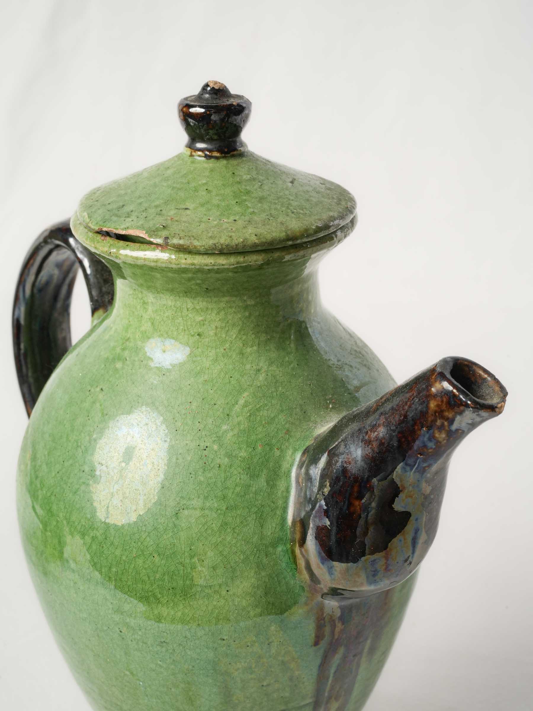 Antique French Green-Glazed Earthenware Coffee Pot, early 20th Century - 10¼"