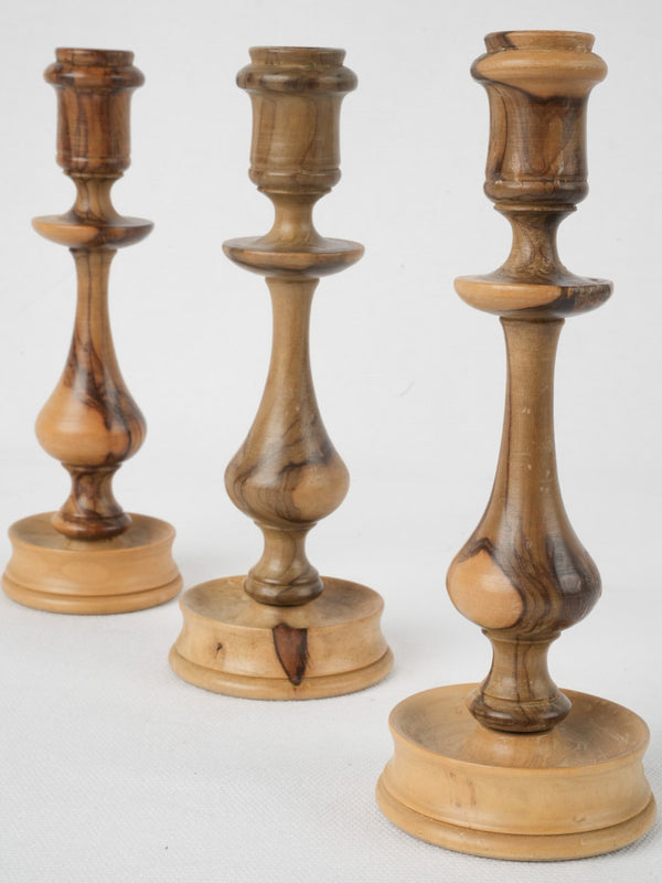 Vintage olive wood candlestick trio