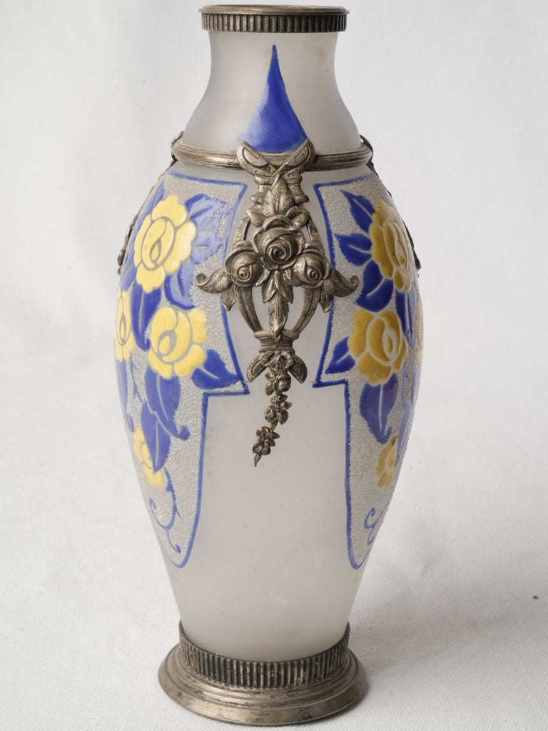 French Art Deco Frosted Glass Vase w/ Silvered-Metal Appliqués By D’Argyl Paris c.1925–1935 - 10¾"