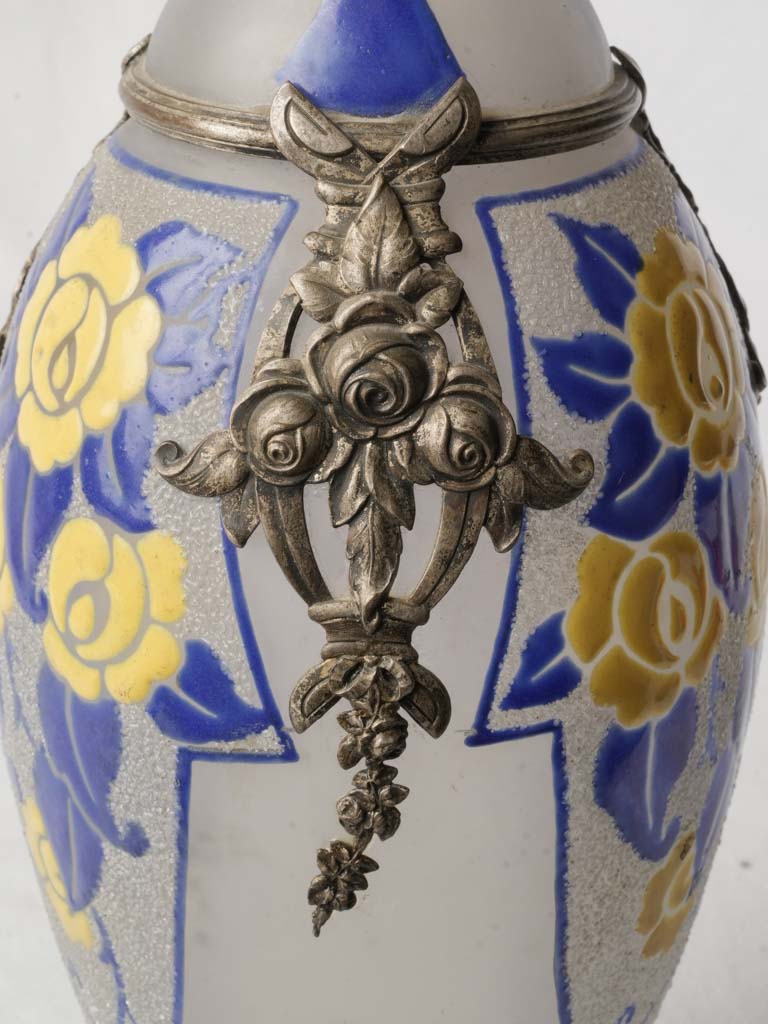 French Art Deco Frosted Glass Vase w/ Silvered-Metal Appliqués By D’Argyl Paris c.1925–1935 - 10¾"