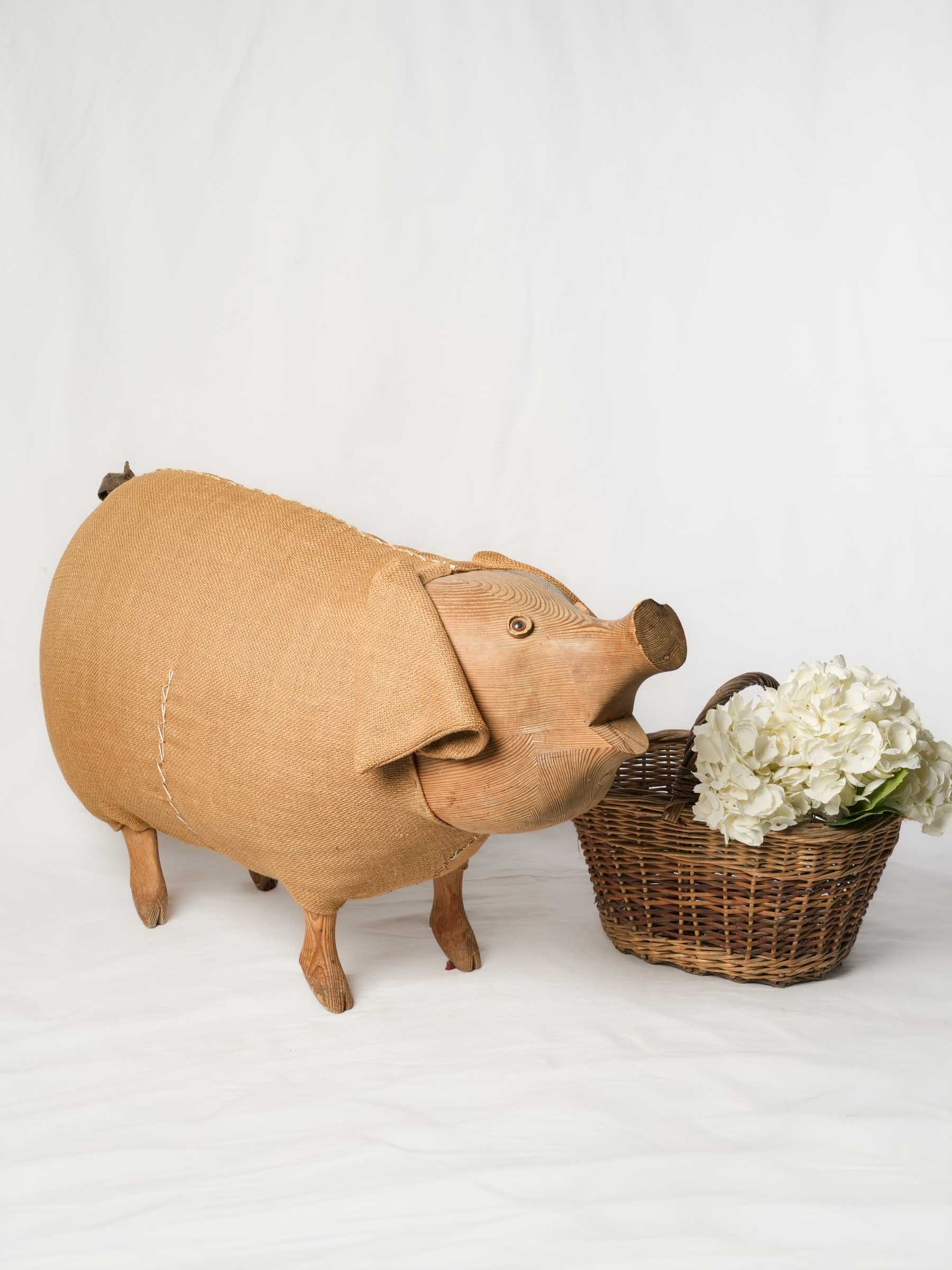 Characterful jute-covered pig sculpture  