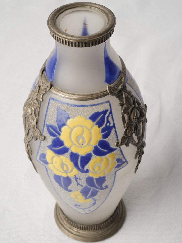 French Art Deco Frosted Glass Vase w/ Silvered-Metal Appliqués By D’Argyl Paris c.1925–1935 - 10¾"