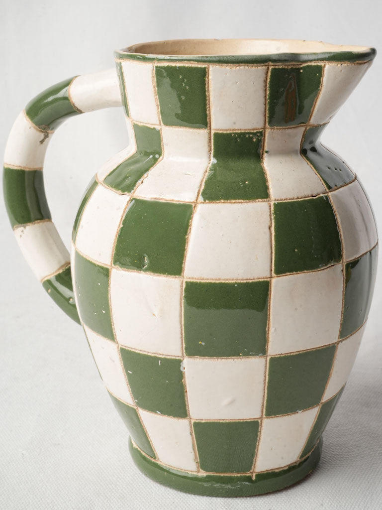 Mid-20th-Century French Green and White Checkerboard Pitcher - 8¼"