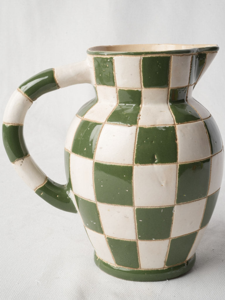 Mid-20th-Century French Green and White Checkerboard Pitcher - 8¼"