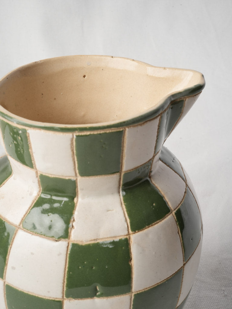 Mid-20th-Century French Green and White Checkerboard Pitcher - 8¼"