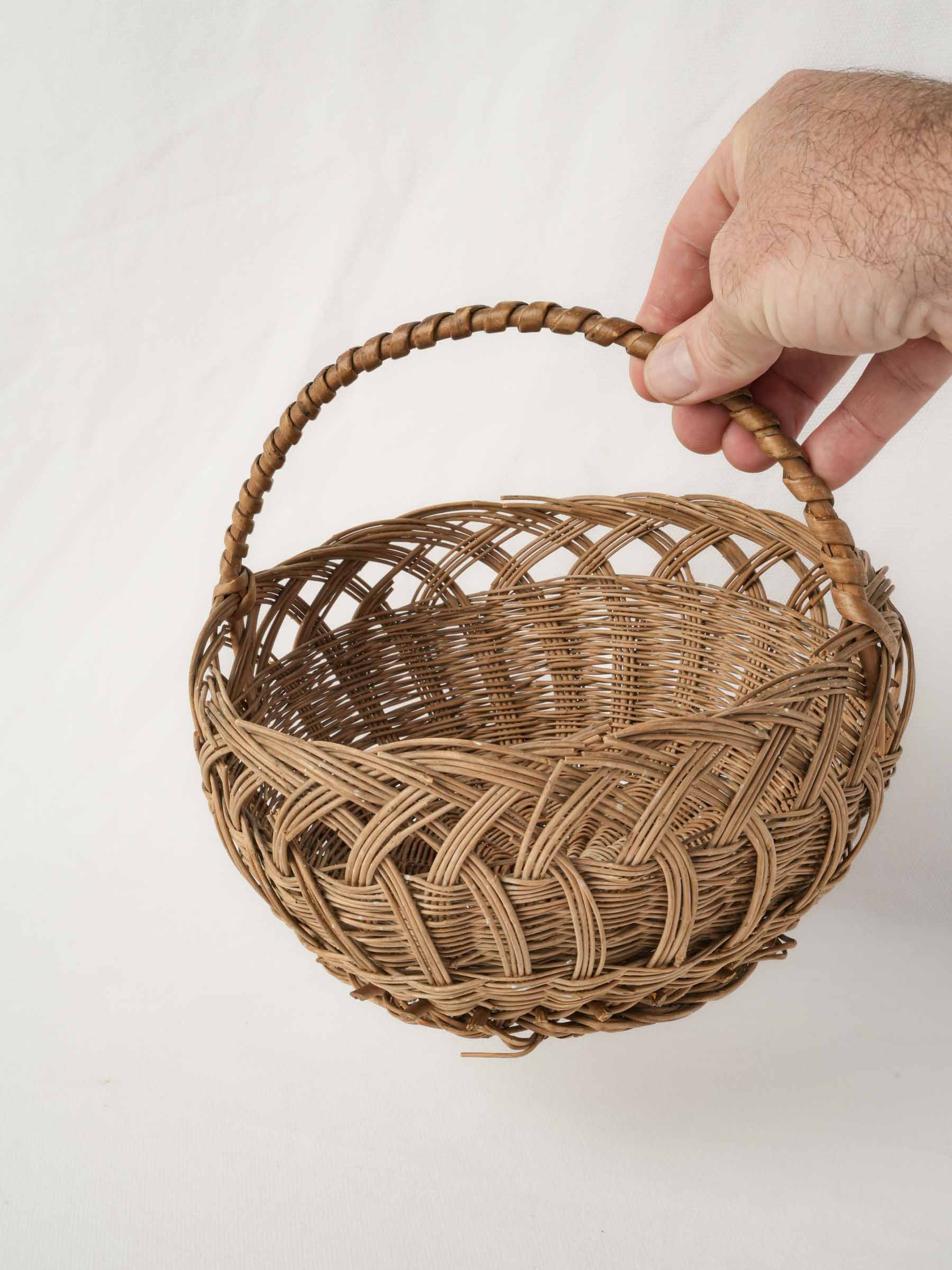 Round Vintage French Wicker Bread Basket w/ Overarching Handle
