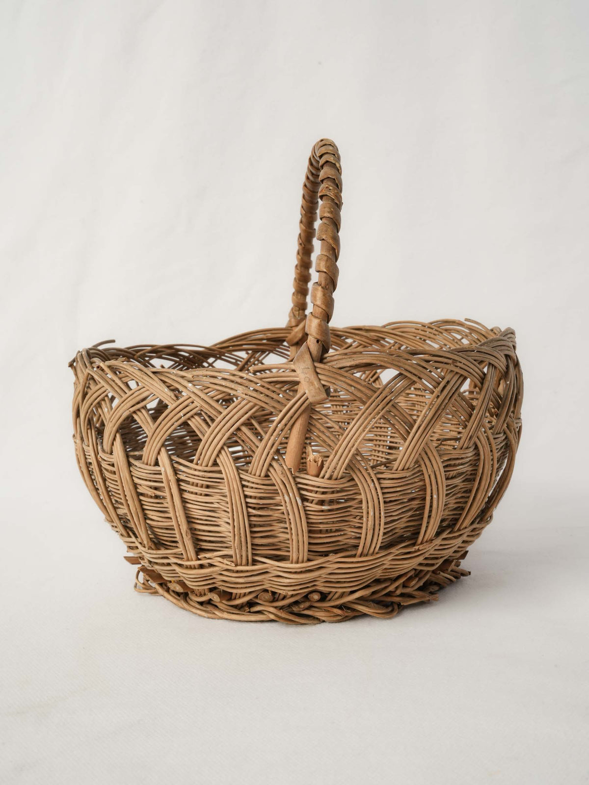 Round Vintage French Wicker Bread Basket w/ Overarching Handle