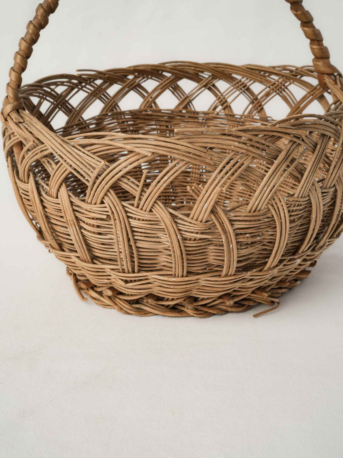 Round Vintage French Wicker Bread Basket w/ Overarching Handle