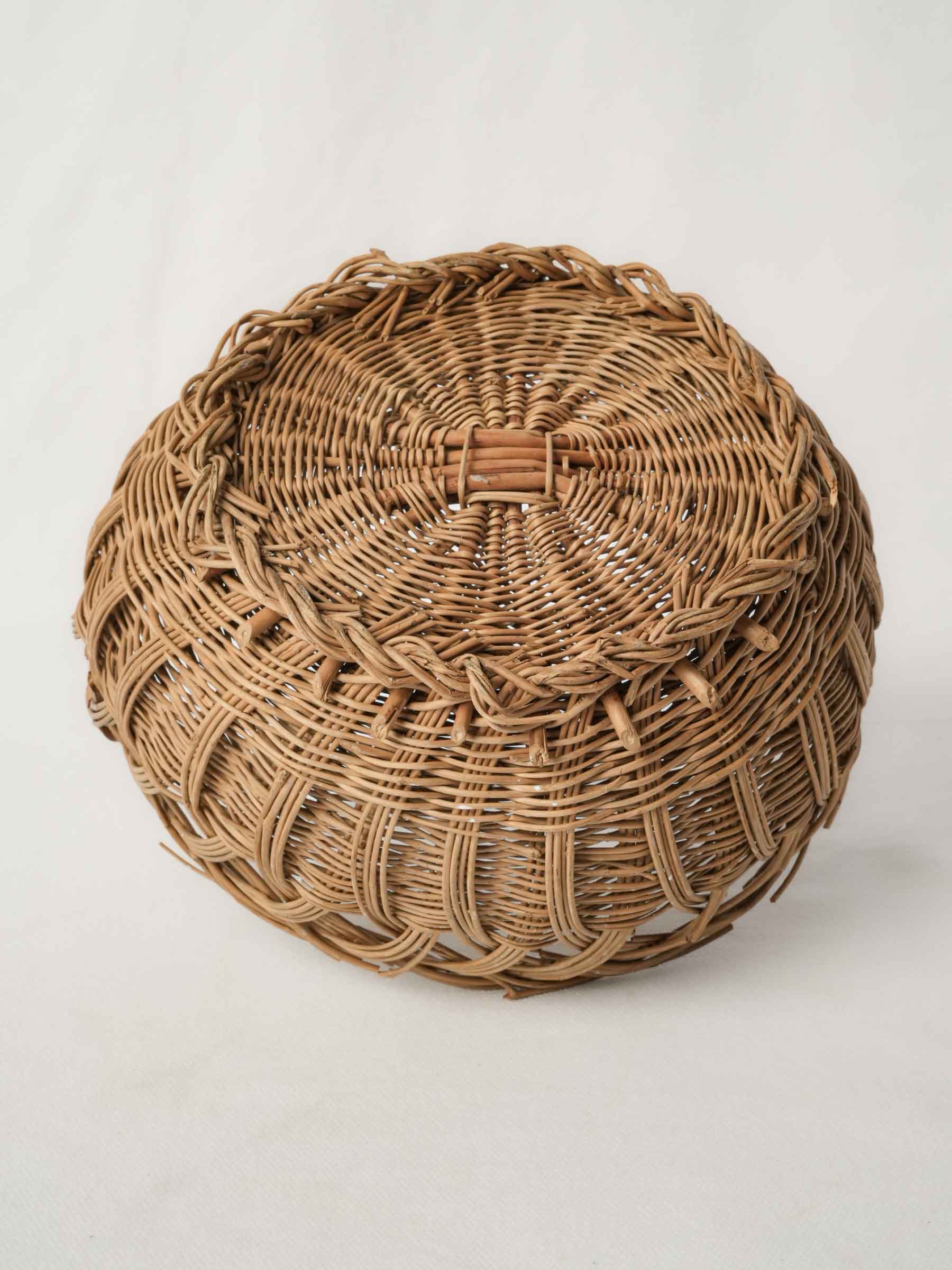 Round Vintage French Wicker Bread Basket w/ Overarching Handle