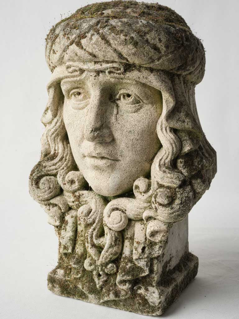 Late 19th Symbolist Stone Head Sculpture w/ Moss Patina - 15"