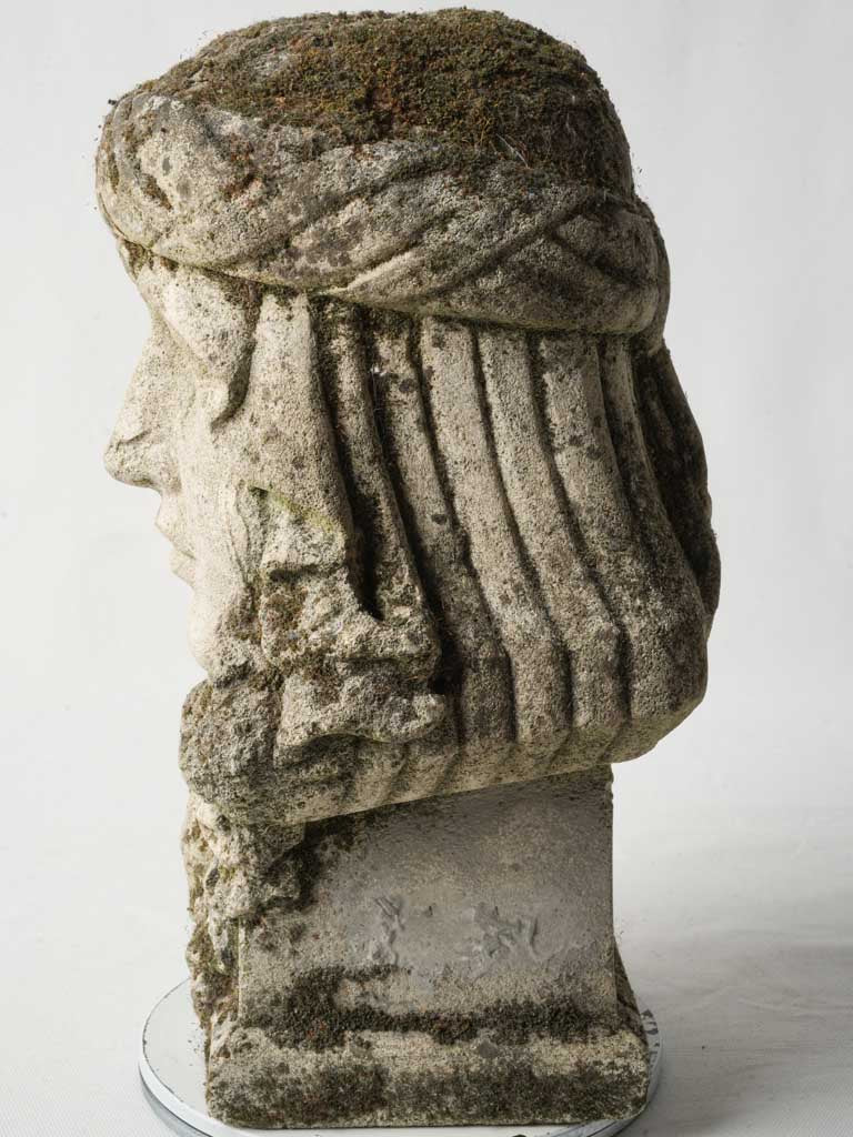 Late 19th Symbolist Stone Head Sculpture w/ Moss Patina - 15"