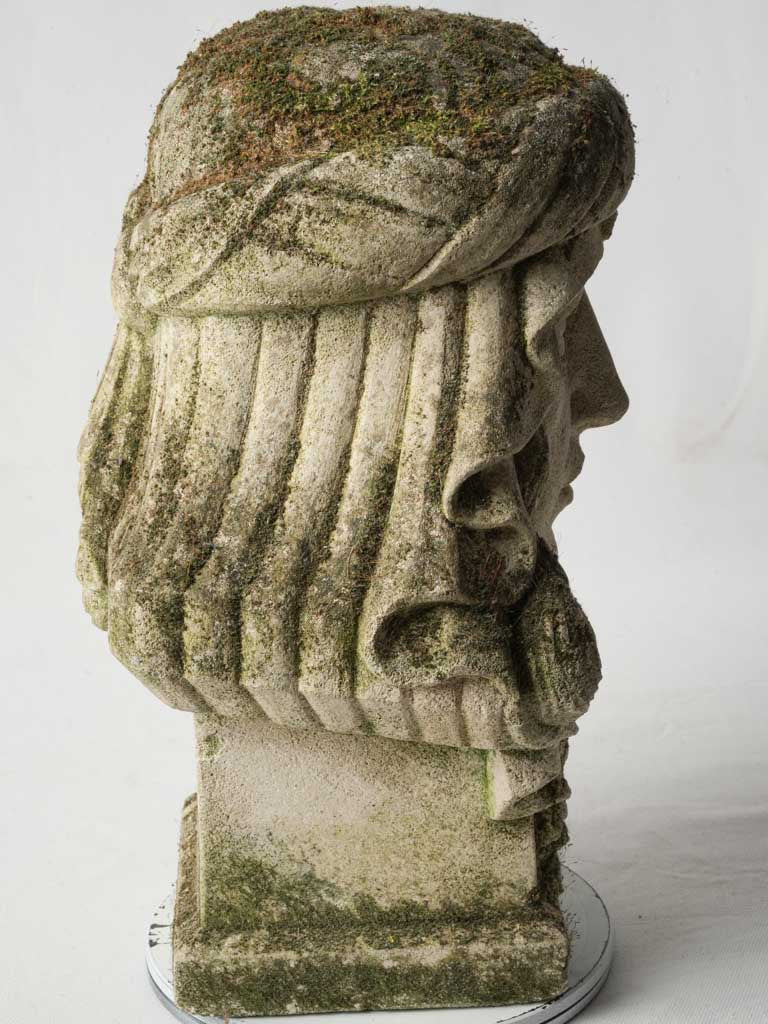 Late 19th Symbolist Stone Head Sculpture w/ Moss Patina - 15"