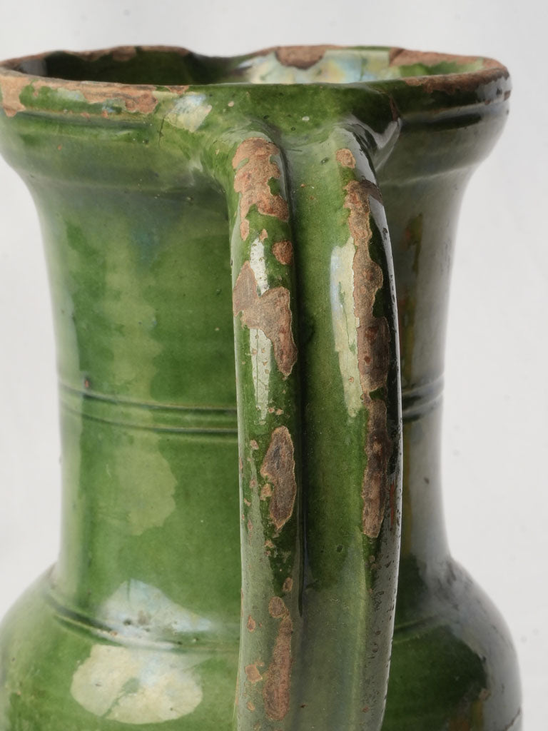 Graceful Green Glazed Terracotta Pitcher Southwest France circa 1900 - 8¾"