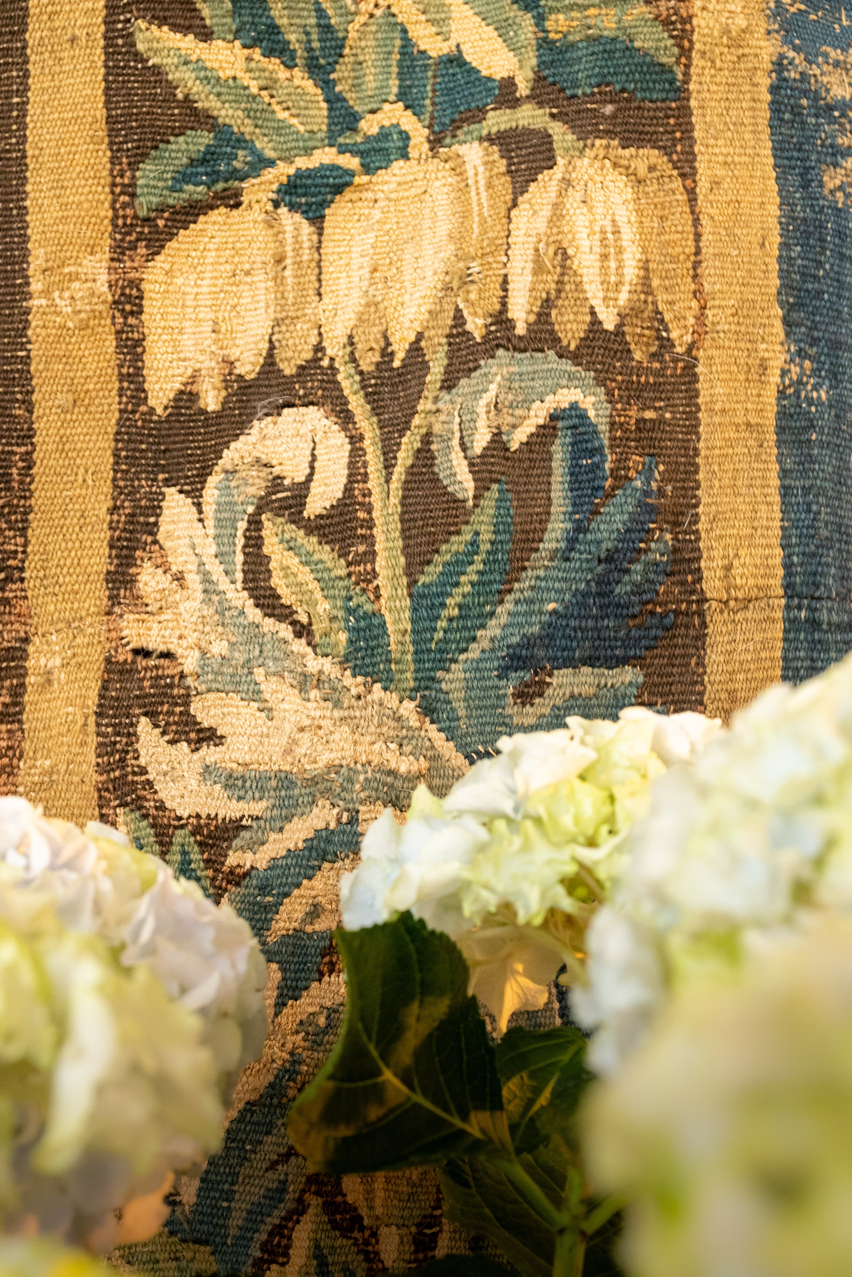 Antique Aubusson speared soldier tapestry
