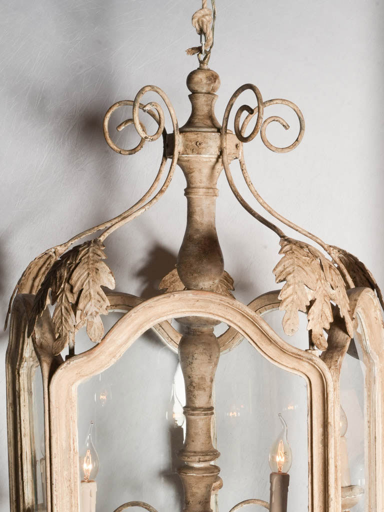 Large Lantern-Form Chandelier in Wood & Wrought Iron w/ Pale Chalk-Washed Patina - 36½" x 22½"