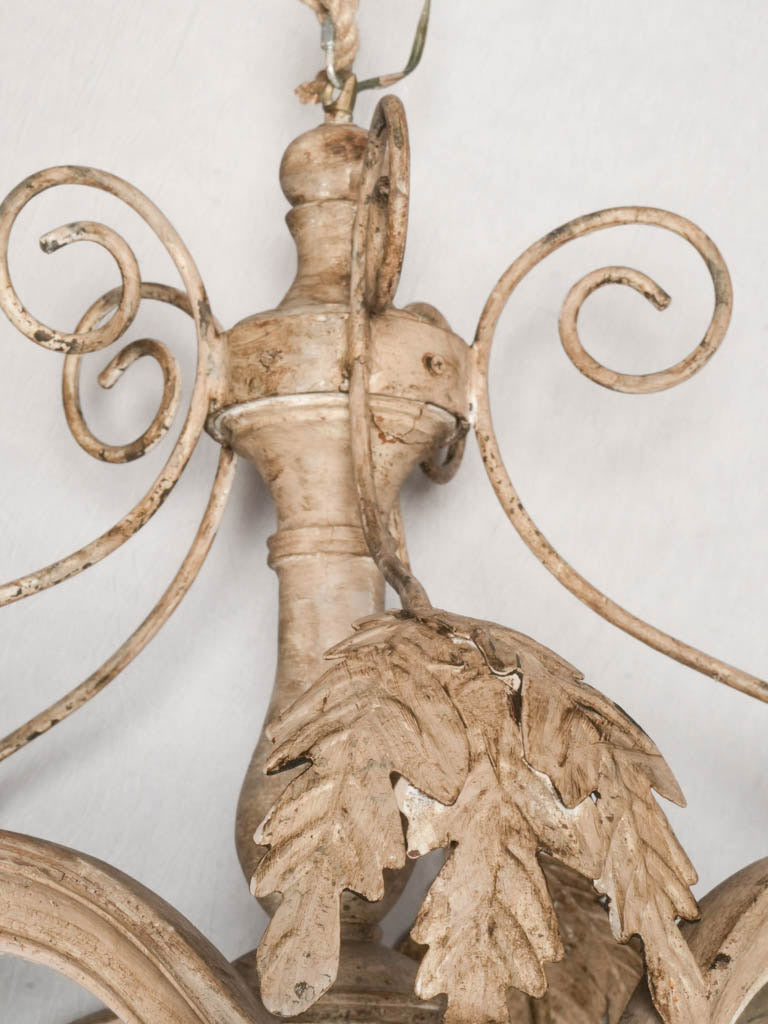 Large Lantern-Form Chandelier in Wood & Wrought Iron w/ Pale Chalk-Washed Patina - 36½" x 22½"