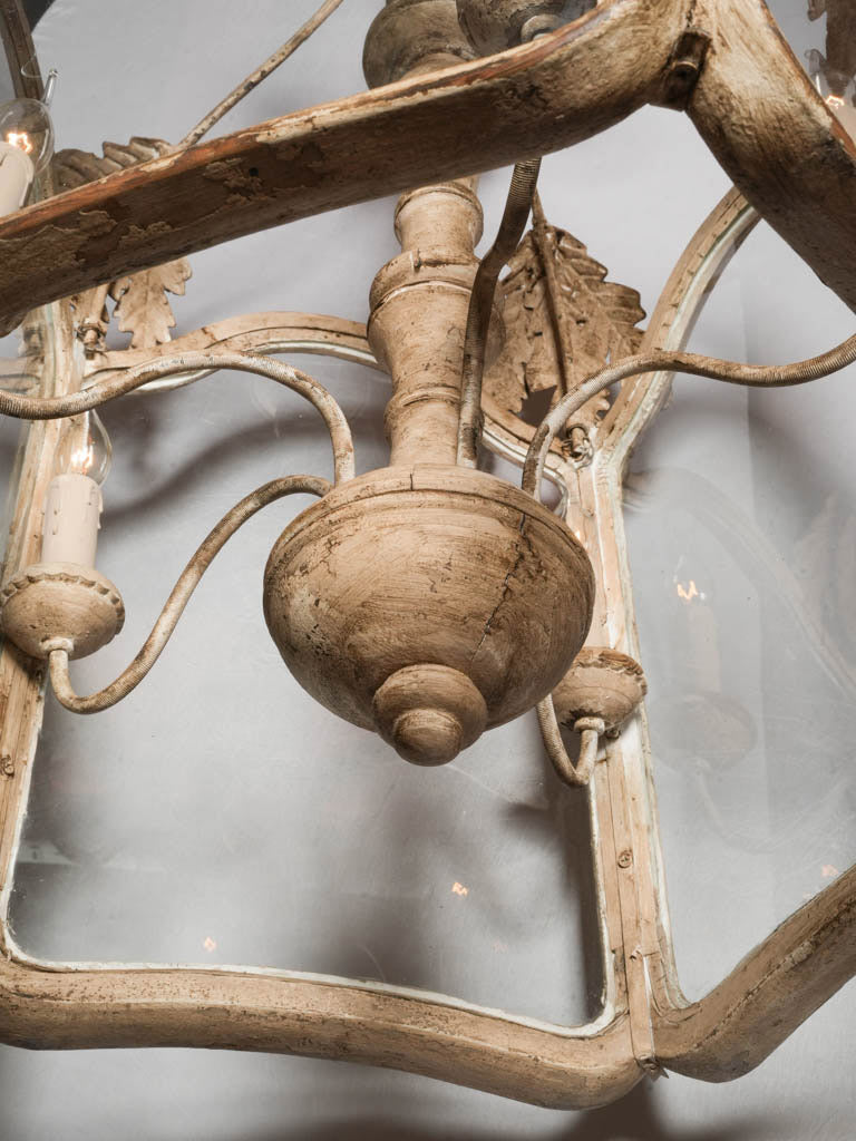 Large Lantern-Form Chandelier in Wood & Wrought Iron w/ Pale Chalk-Washed Patina - 36½" x 22½"