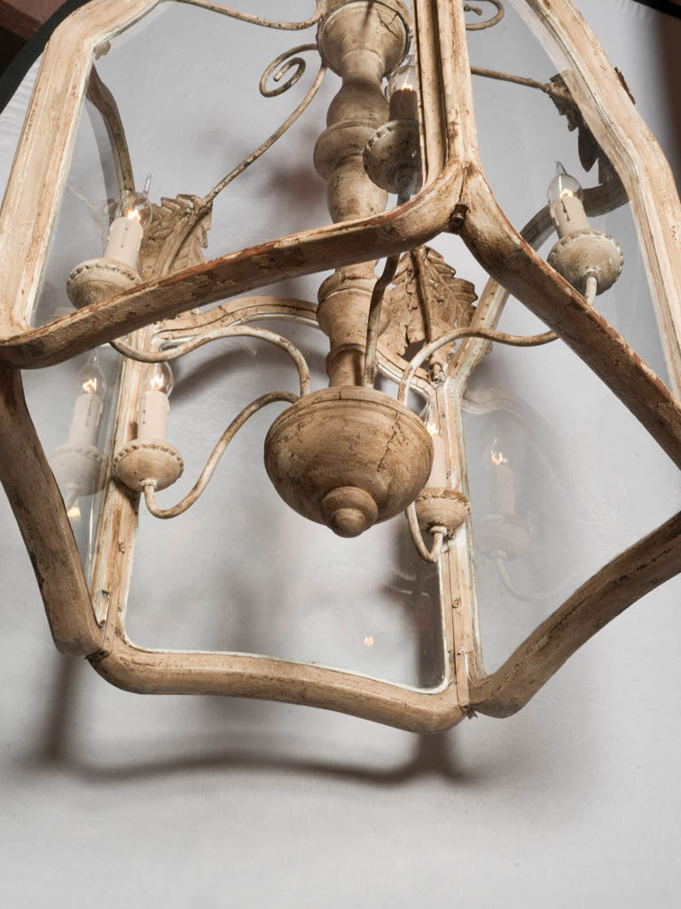 Large Lantern-Form Chandelier in Wood & Wrought Iron w/ Pale Chalk-Washed Patina - 36½" x 22½"