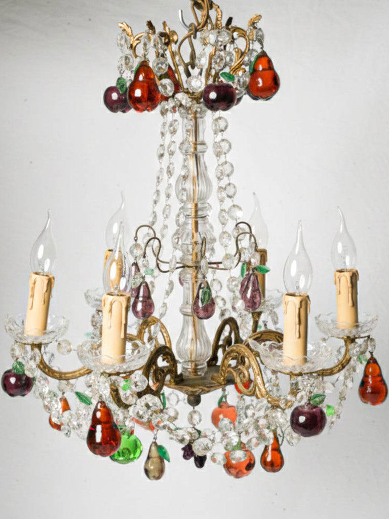 Petite 1970s Murano Six-Light Chandelier w/ Polychrome Crystal Fruit Pendants - 23¾"