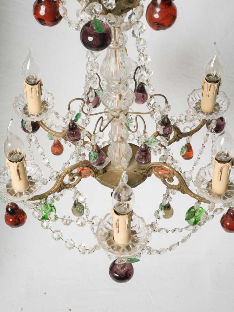 Petite 1970s Murano Six-Light Chandelier w/ Polychrome Crystal Fruit Pendants - 23¾"