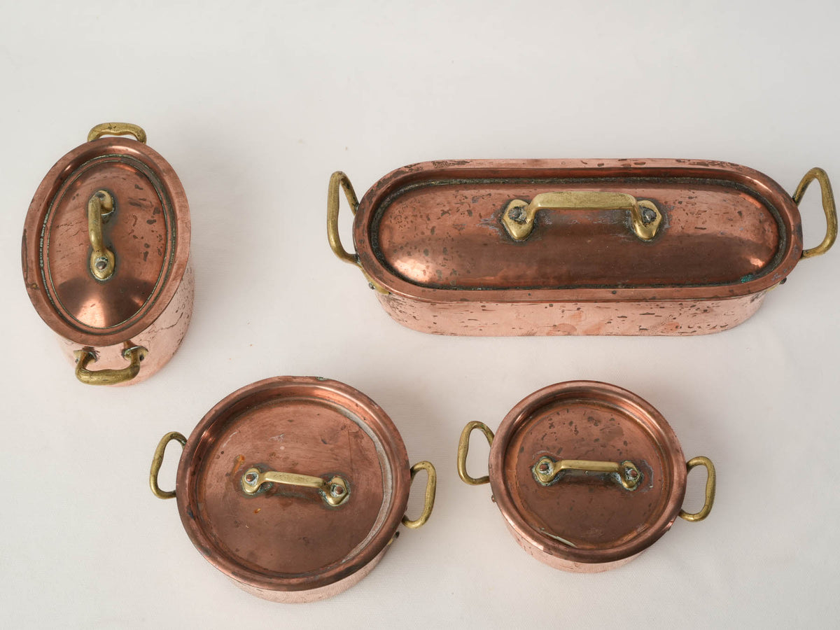 Set of four Copper Lidded Casseroles with Fish Kettle