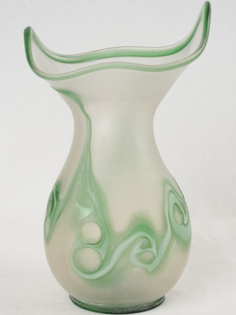 Vintage blown glass vase - opaque w/ green swirls 11½"