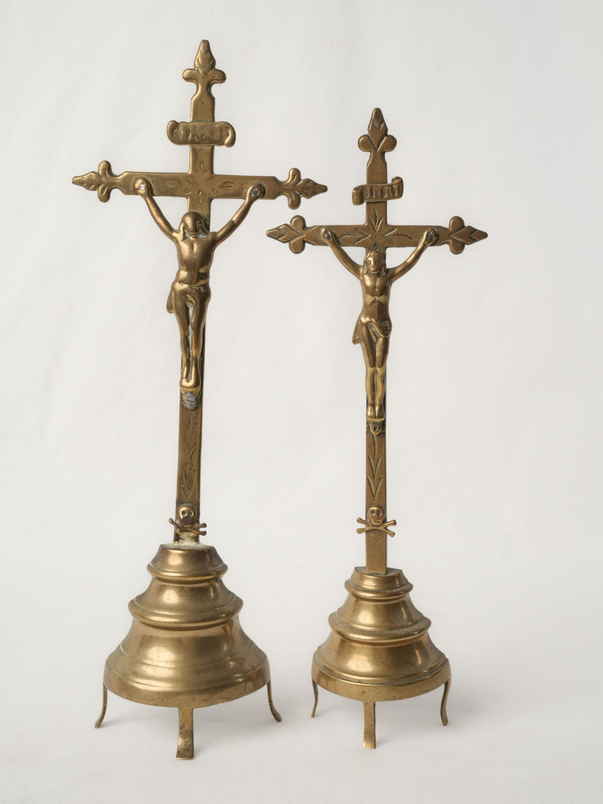 Pair of 18th-Century French Brass Standing Crucifixes 13½"