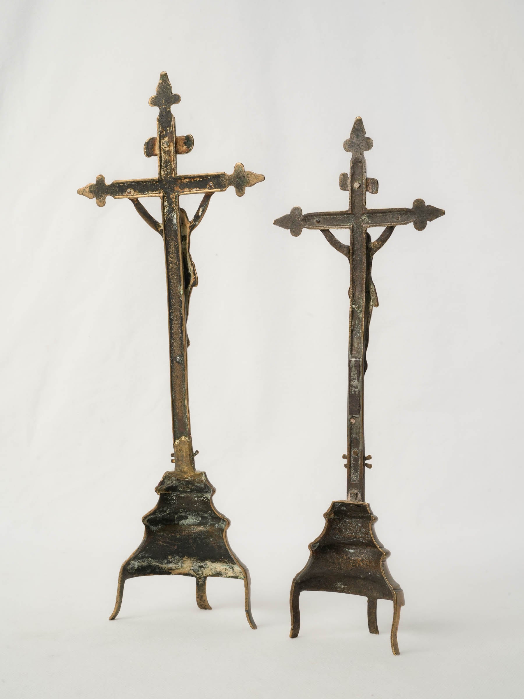 Pair of 18th-Century French Brass Standing Crucifixes 13½"