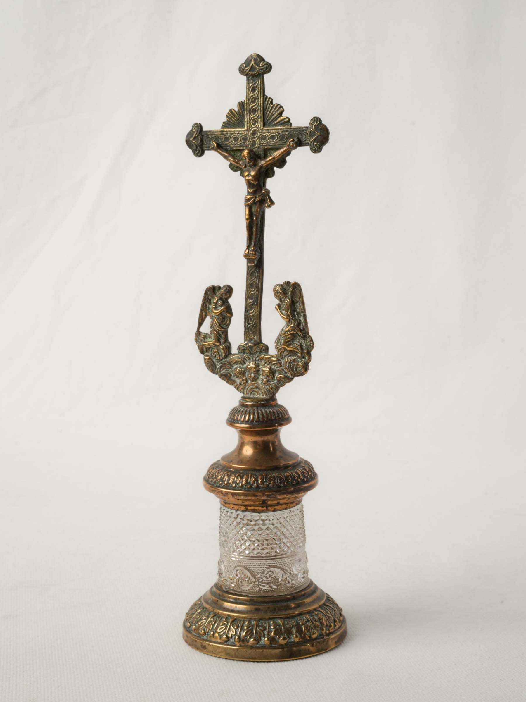 19th-Century French Brass, Copper and Crystal Reliquary Crucifix