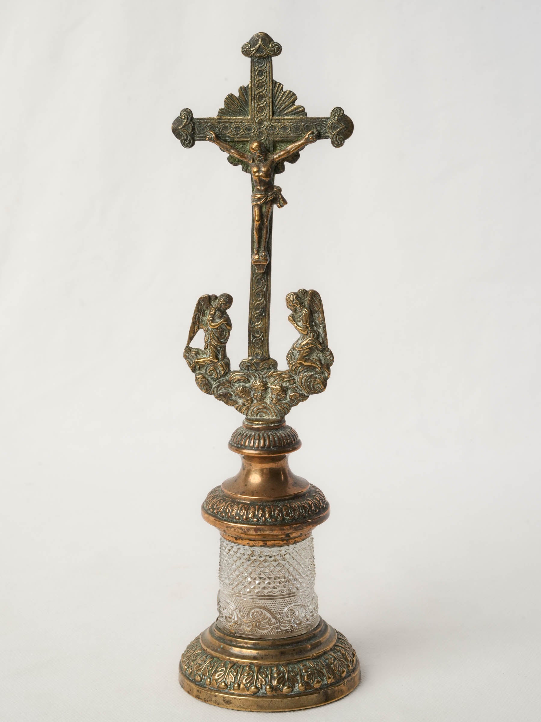 19th-Century French Brass, Copper and Crystal Reliquary Crucifix