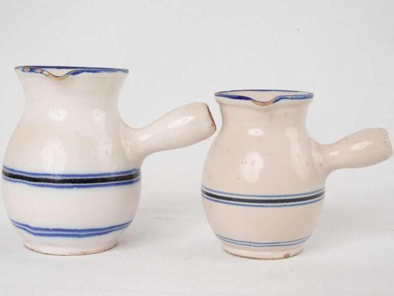 Two small milk pitchers with blue & white stripes - Martres