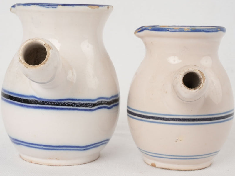 Two small milk pitchers with blue & white stripes - Martres Tolosane 4¼"