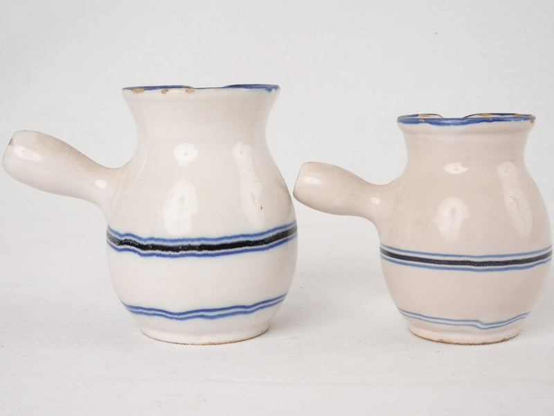 Two small milk pitchers with blue & white stripes - Martres