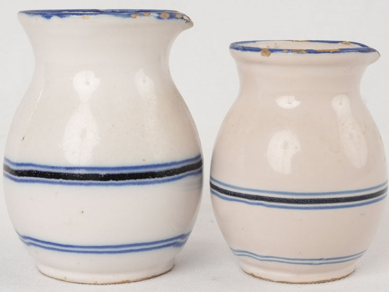 Two small milk pitchers with blue & white stripes - Martres Tolosane 4¼"