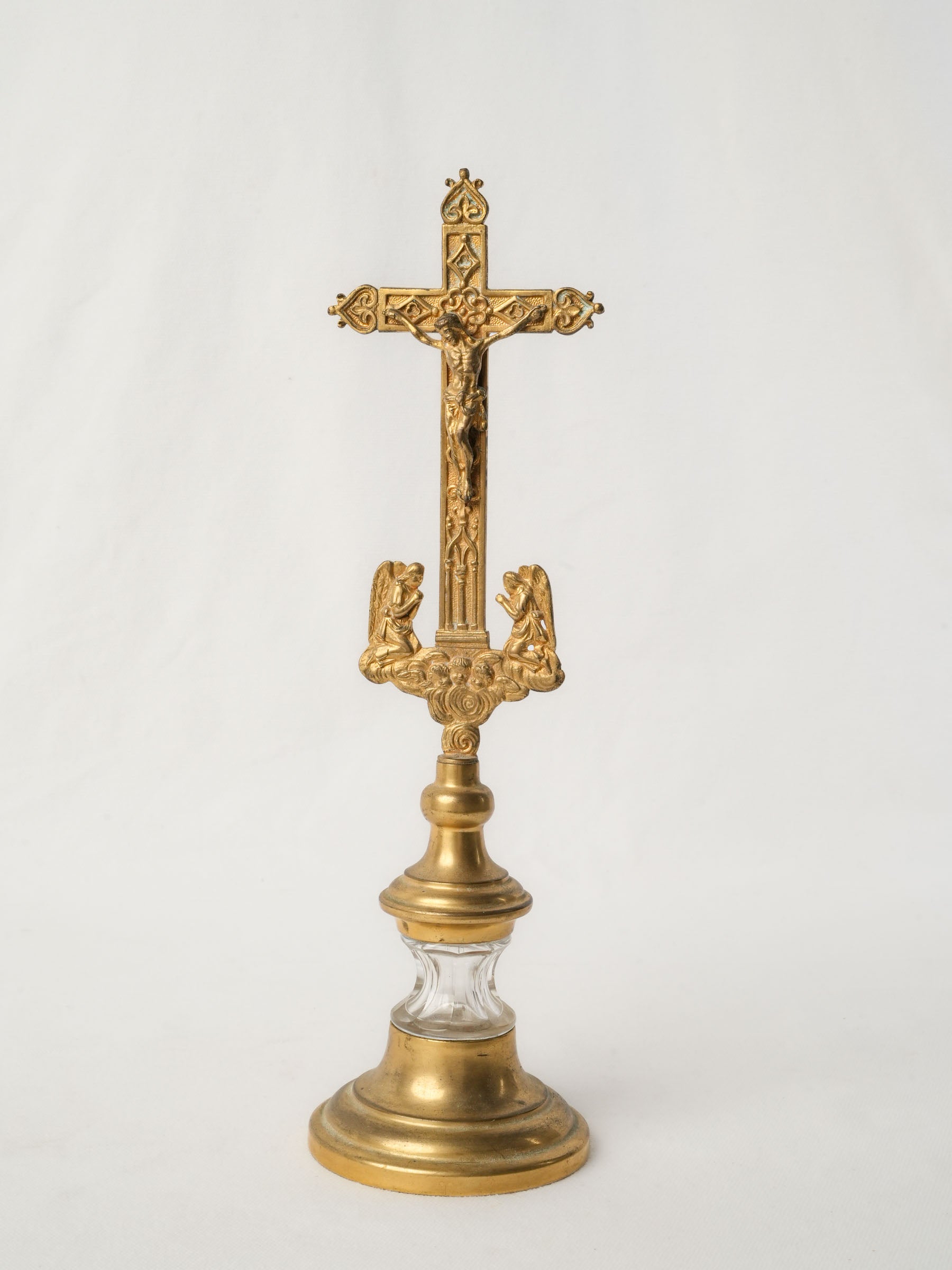 Post-Revolution 19th-Century French Brass and Crystal Reliquary Crucifix