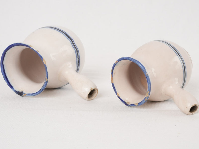 Two small milk pitchers with blue & white stripes - Martres Tolosane 4¼"