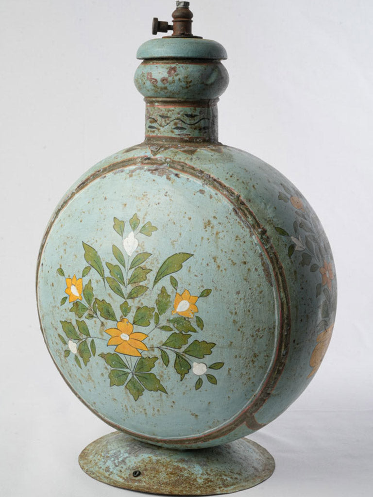 Late 19th-Century French Alpine Painted Copper Oil Lamp with Folk Decoration - 21¾"