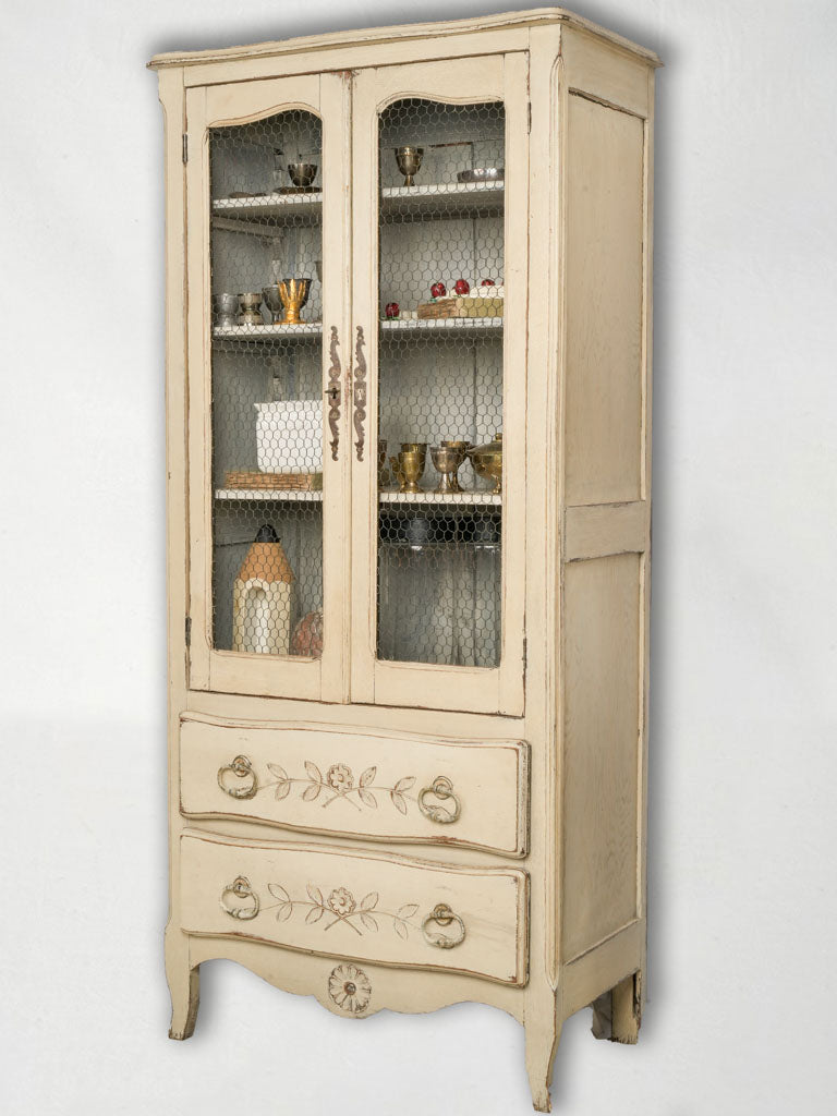 Vintage Beige French Hutch with Wire Doors