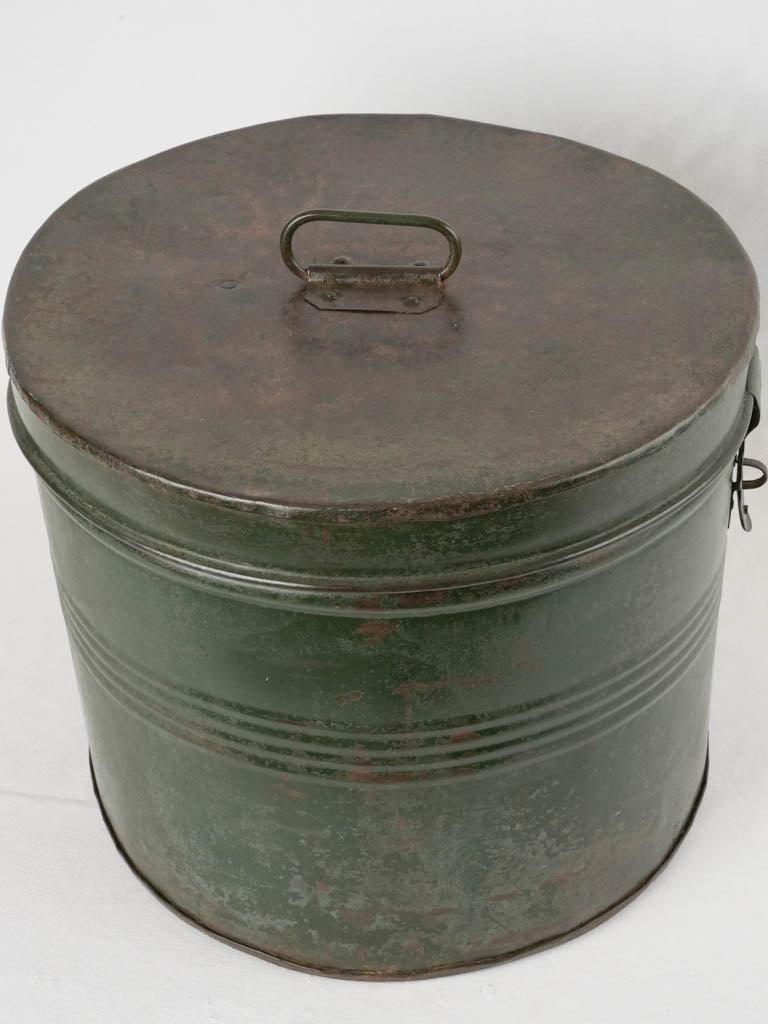Antique French lidded drum w/ green patina 13½" x 15¾"