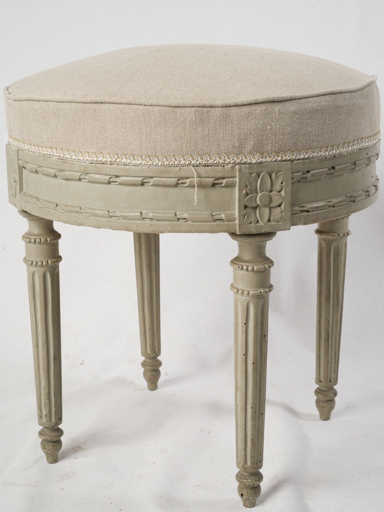 Late 18th Century French Louis XVI Grey Painted Stool w/ Linen Seat - 21¾"