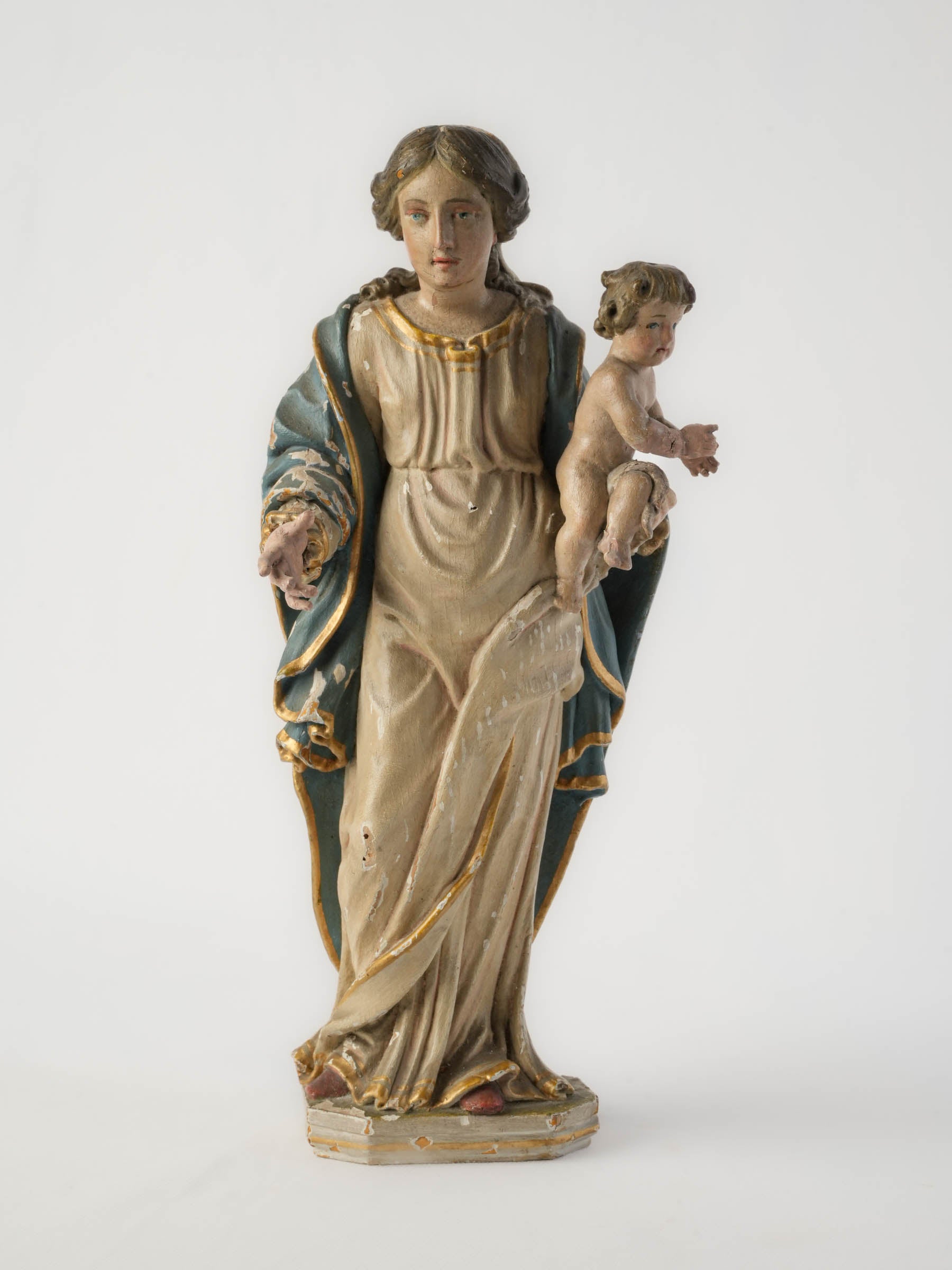 French Polychrome Carved Wood Figure of the Virgin and Child, 18th Century - 15"