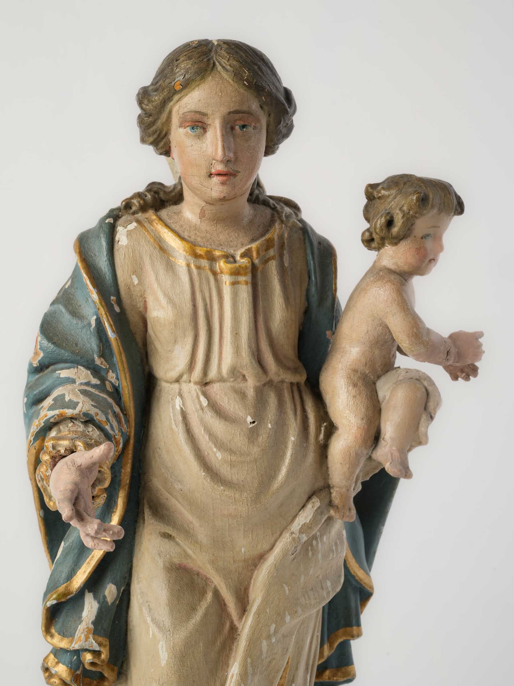 French Polychrome Carved Wood Figure of the Virgin and Child, 18th Century - 15"