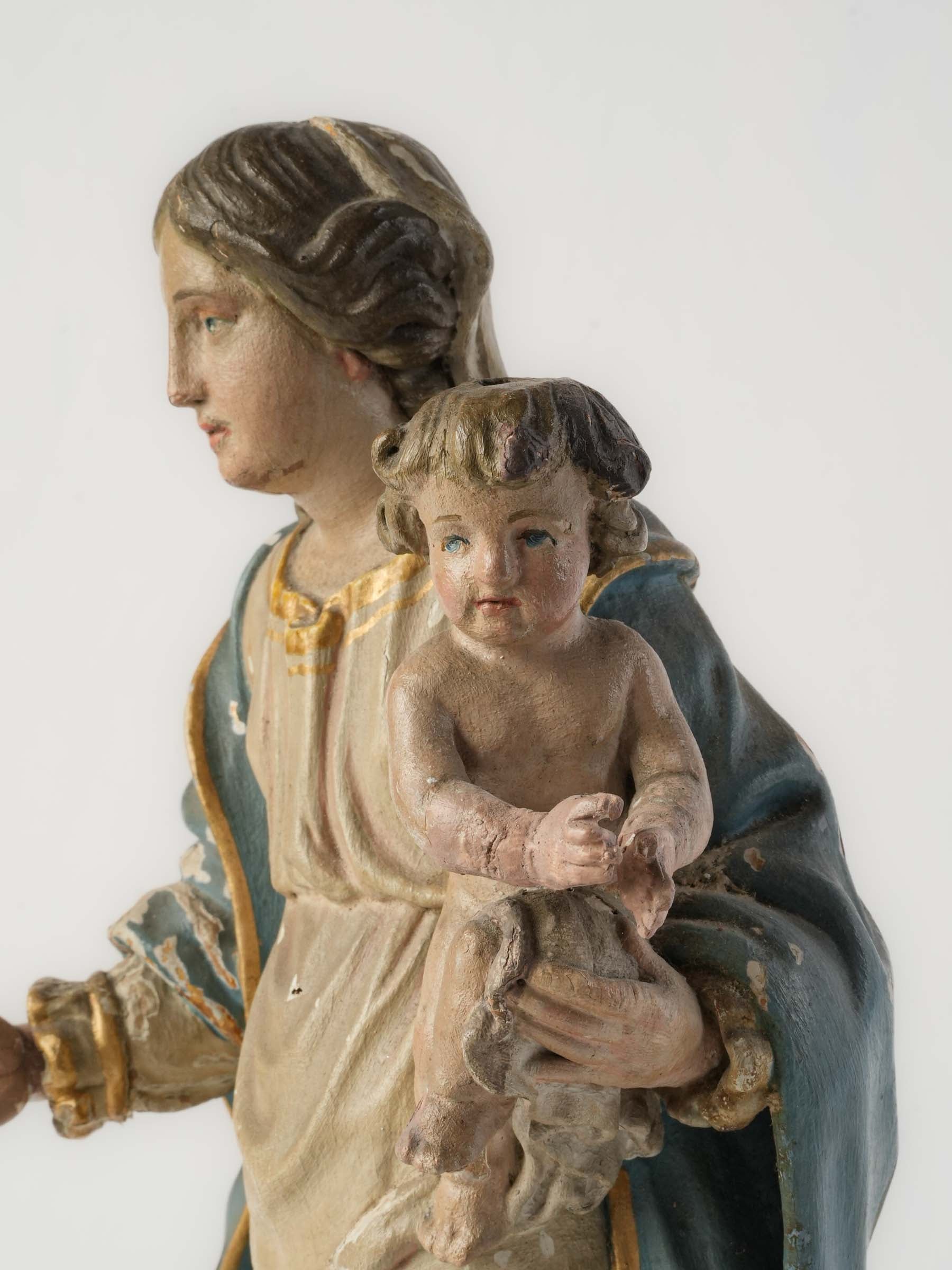 French Polychrome Carved Wood Figure of the Virgin and Child, 18th Century - 15"