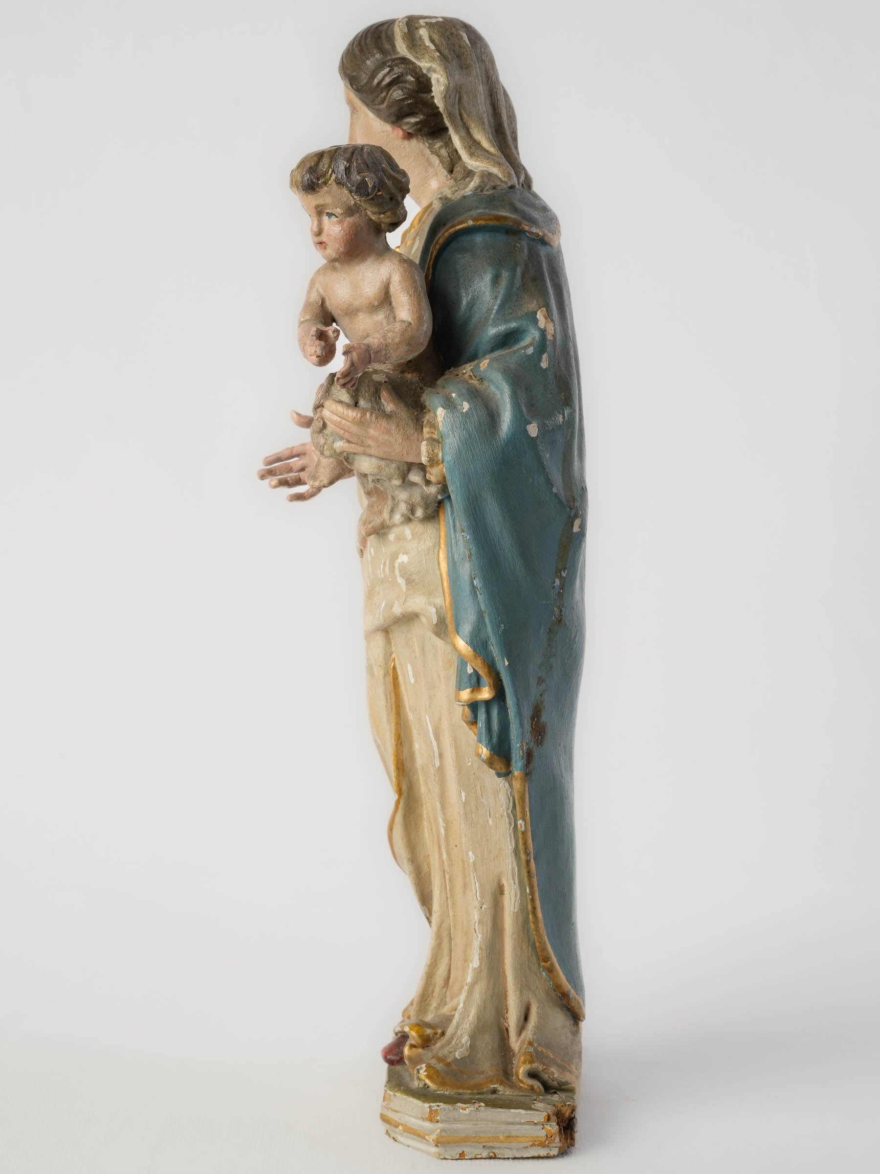 French Polychrome Carved Wood Figure of the Virgin and Child, 18th Century - 15"