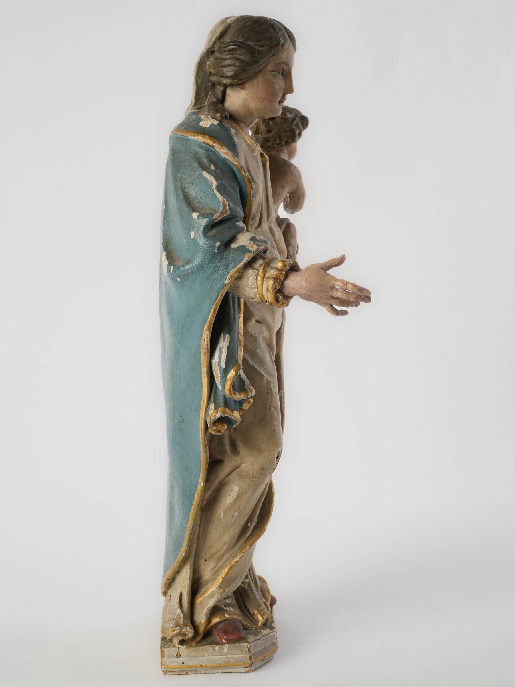 French Polychrome Carved Wood Figure of the Virgin and Child, 18th Century - 15"