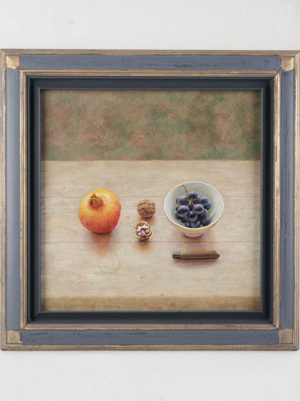 Realistic still-life oil painting pomegranate, walnuts.
