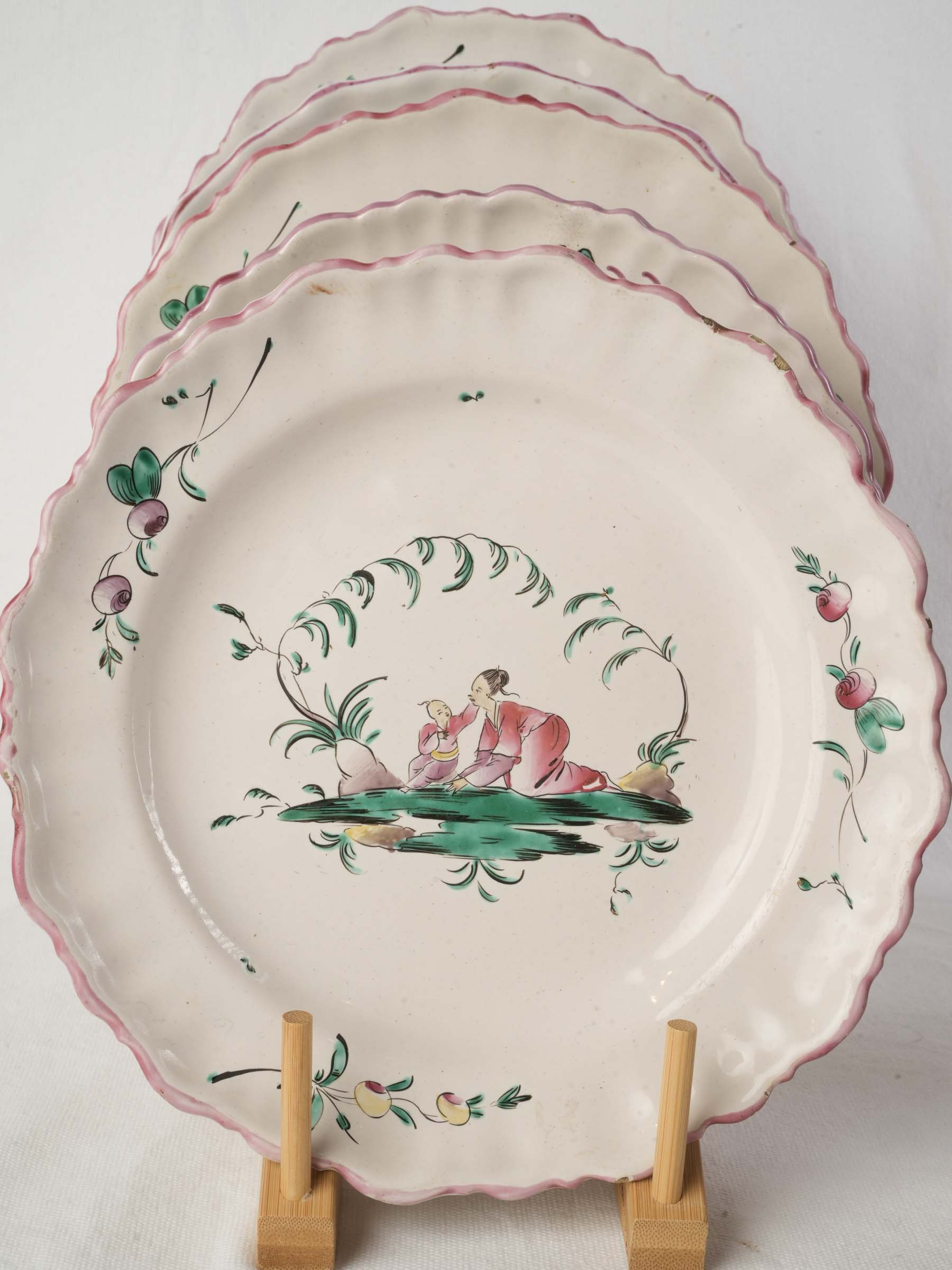 Set of Seven 18th Century Moustiers Faience Plates w/ Chinoiserie Decor - 9¾"