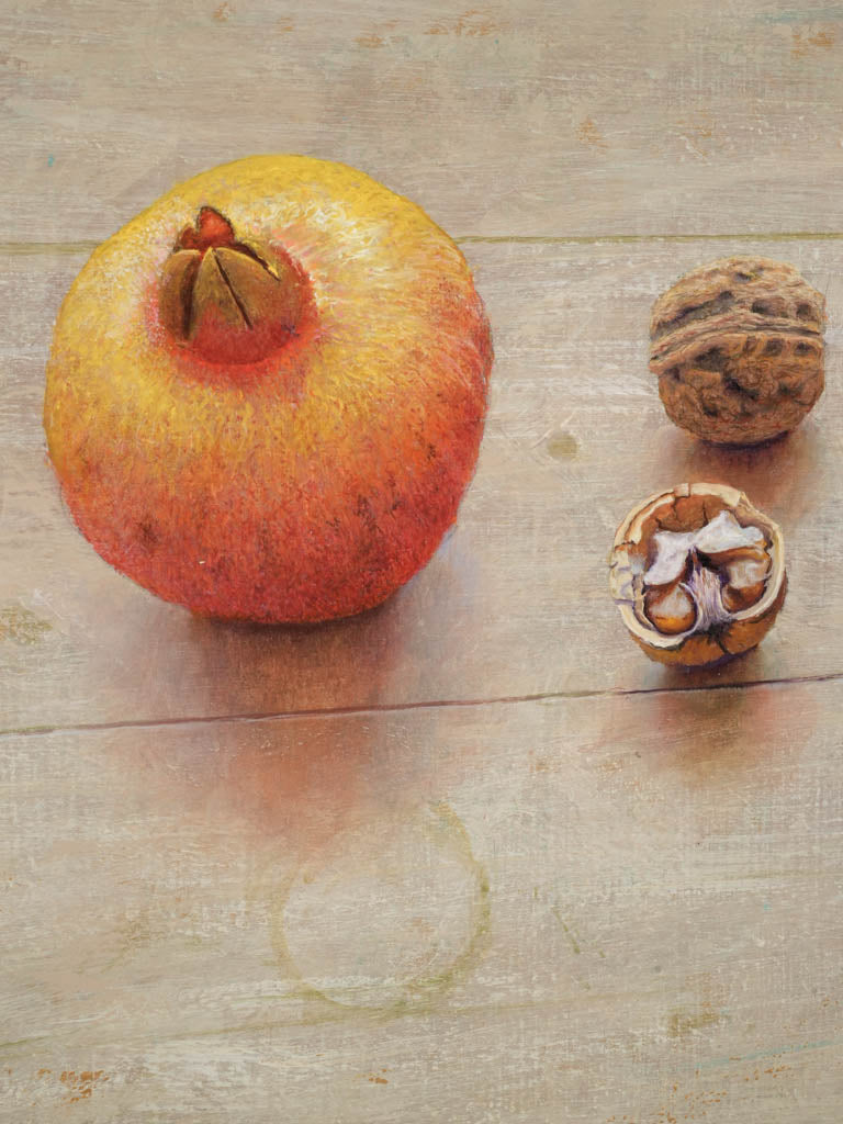 Sublime, meticulous pomegranate, walnut painting.